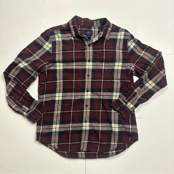 American Eagle Outfitters Men's Plaid Flannel Shirt - Maroon and Cream - Picture 2 of 7